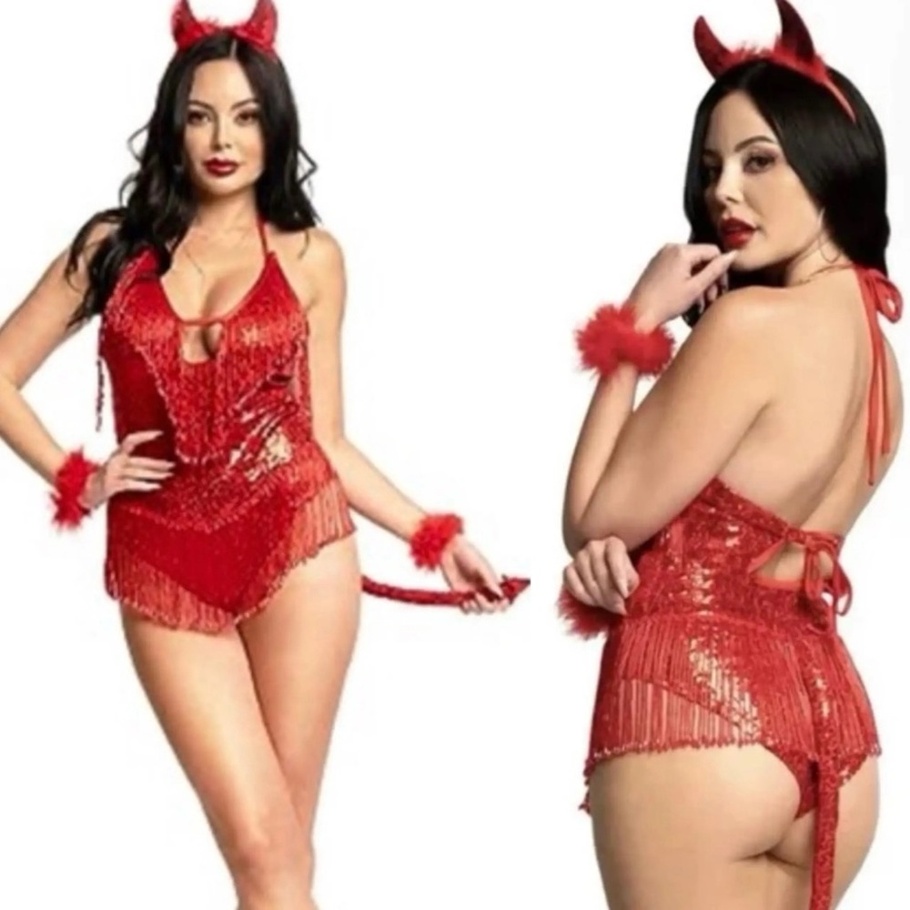 Tipsy Elves Devil Sexy Fringed Beaded Bodysuit Costume NWT Size Large